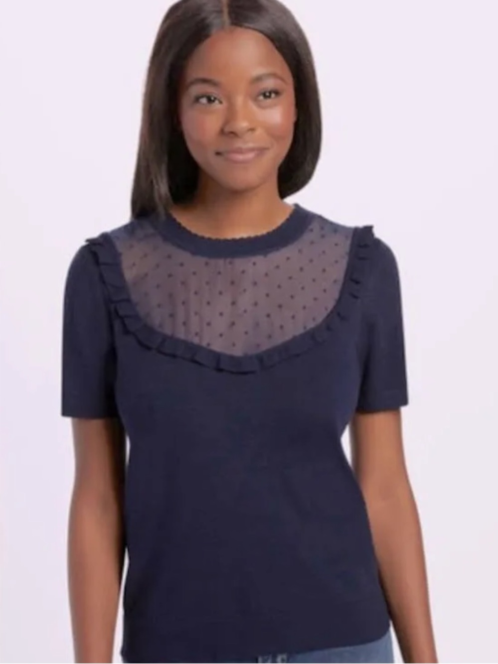Draper James Navy Sheer Yoke Ruffle Short Sleeve Top